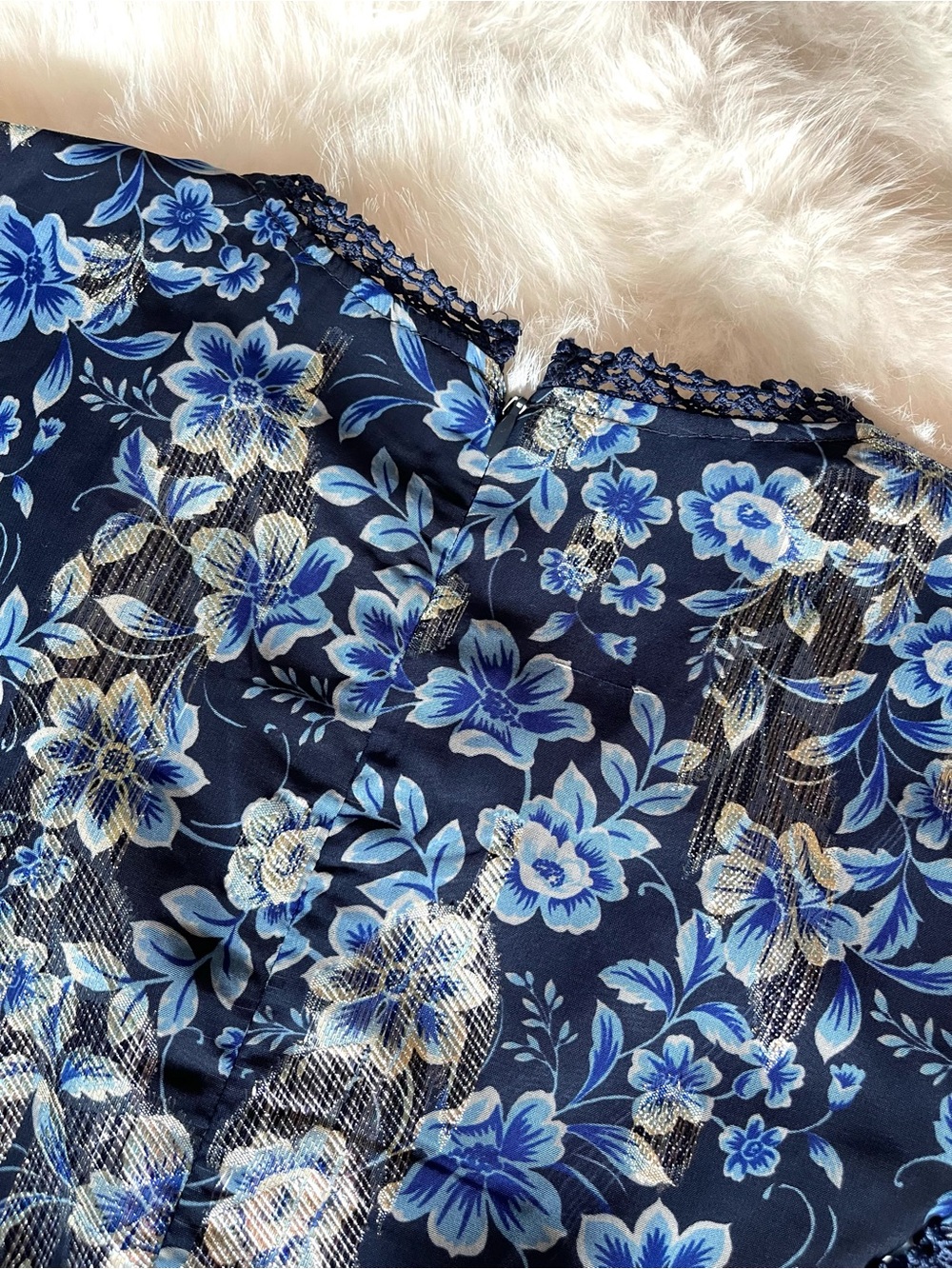 NWT Eliza J. Navy Blue & Silver Floral Ruffled Long Puff Sleeve Dress - Picture 14 of 16